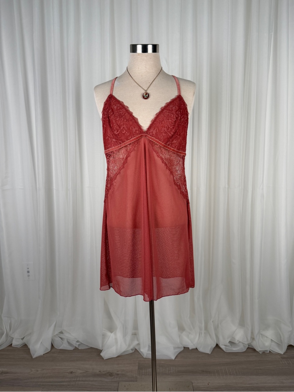 B.Tempted Lace Trim Mesh Babydoll Chemise Women Red XL